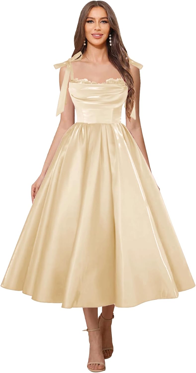 Satin Prom Dresses for Women Spaghetti Straps Corset A-Line Ball Formal Gowns Tea Length with Pockets