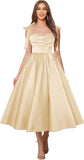 Satin Prom Dresses for Women Spaghetti Straps Corset A-Line Ball Formal Gowns Tea Length with Pockets