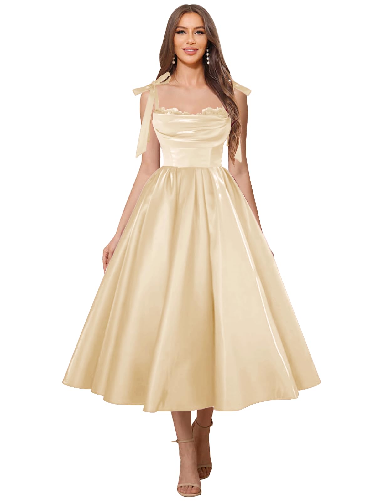 Satin Prom Dresses for Women Spaghetti Straps Corset A-Line Ball Formal Gowns Tea Length with Pockets