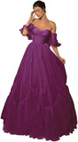 A-line Ruffled Short Sleeve Tulle Prom Dress for Women, Sweetheart Formal Gown Off The Shoulder Long Party Dress