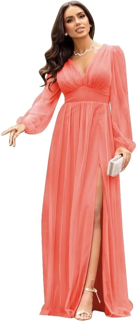 Langärmlige Brautjungfernkleider für Hochzeiten, V-Ausschnitt, formelles Kleid mit Schlitz, Chiffon-Ballkleid