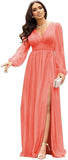 Langärmlige Brautjungfernkleider für Hochzeiten, V-Ausschnitt, formelles Kleid mit Schlitz, Chiffon-Ballkleid