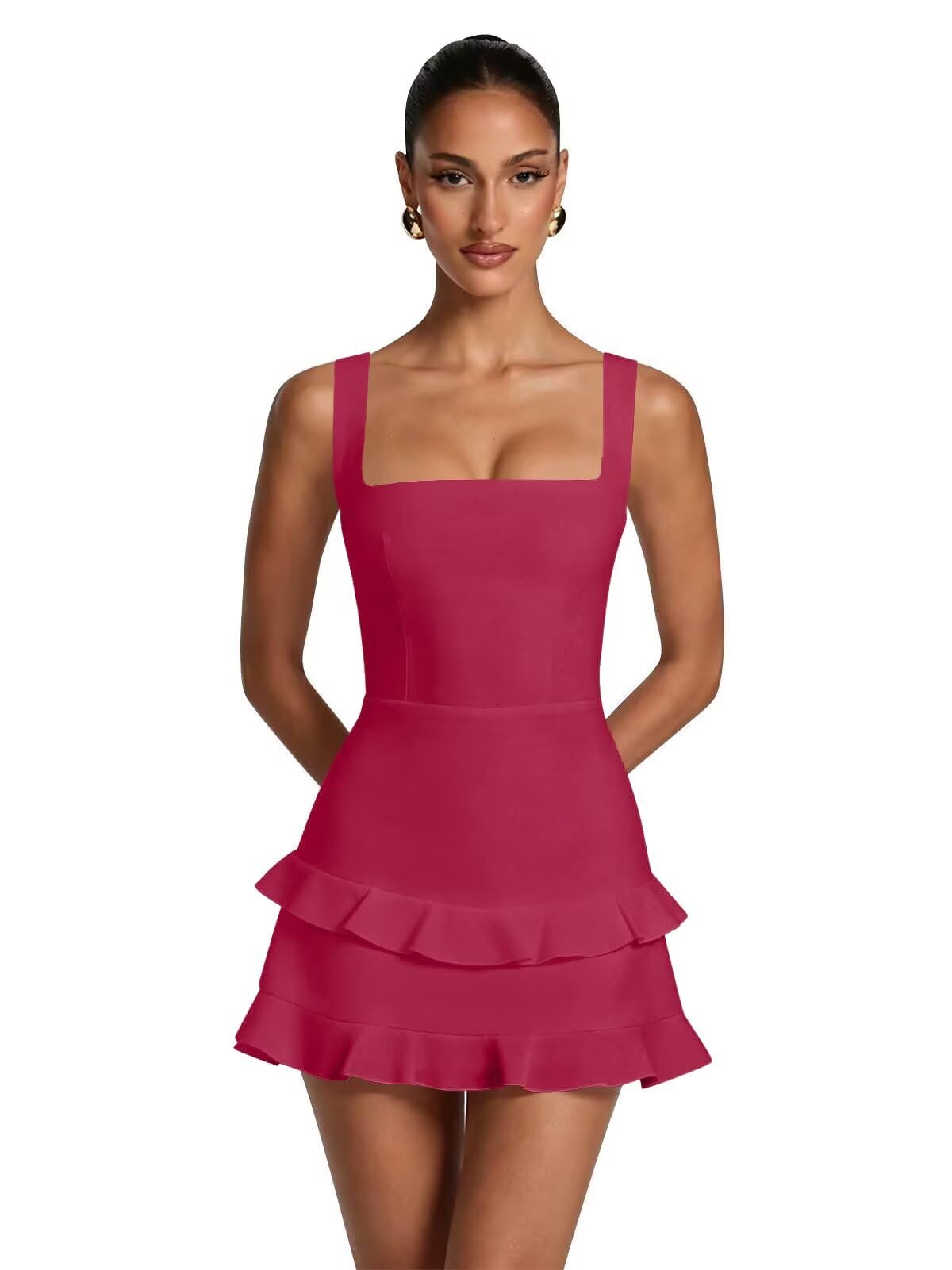 Spaghetti Straps Satin Homecoming Dresses for Teens 2026 Square Neck Tiered Ruffles Short Prom Dress