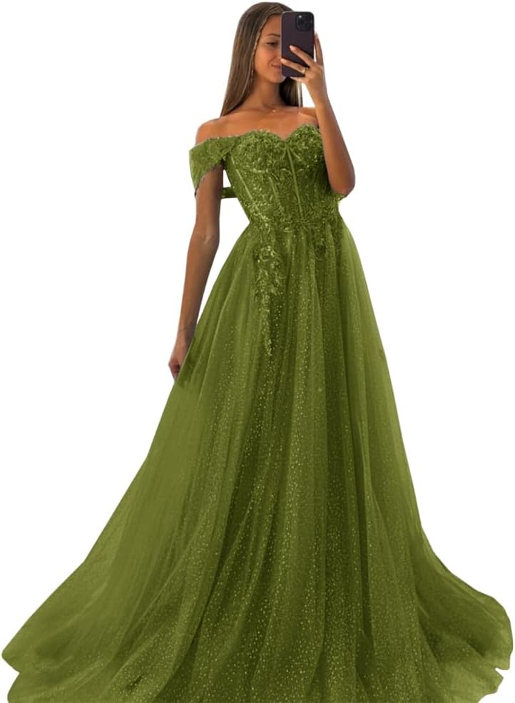 Off The Shoulder Tulle Prom Dresses 2027 Lace Applique A Line Long Sparkly Formal Evening Party Gowns