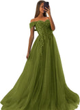 Off The Shoulder Tulle Prom Dresses 2027 Lace Applique A Line Long Sparkly Formal Evening Party Gowns