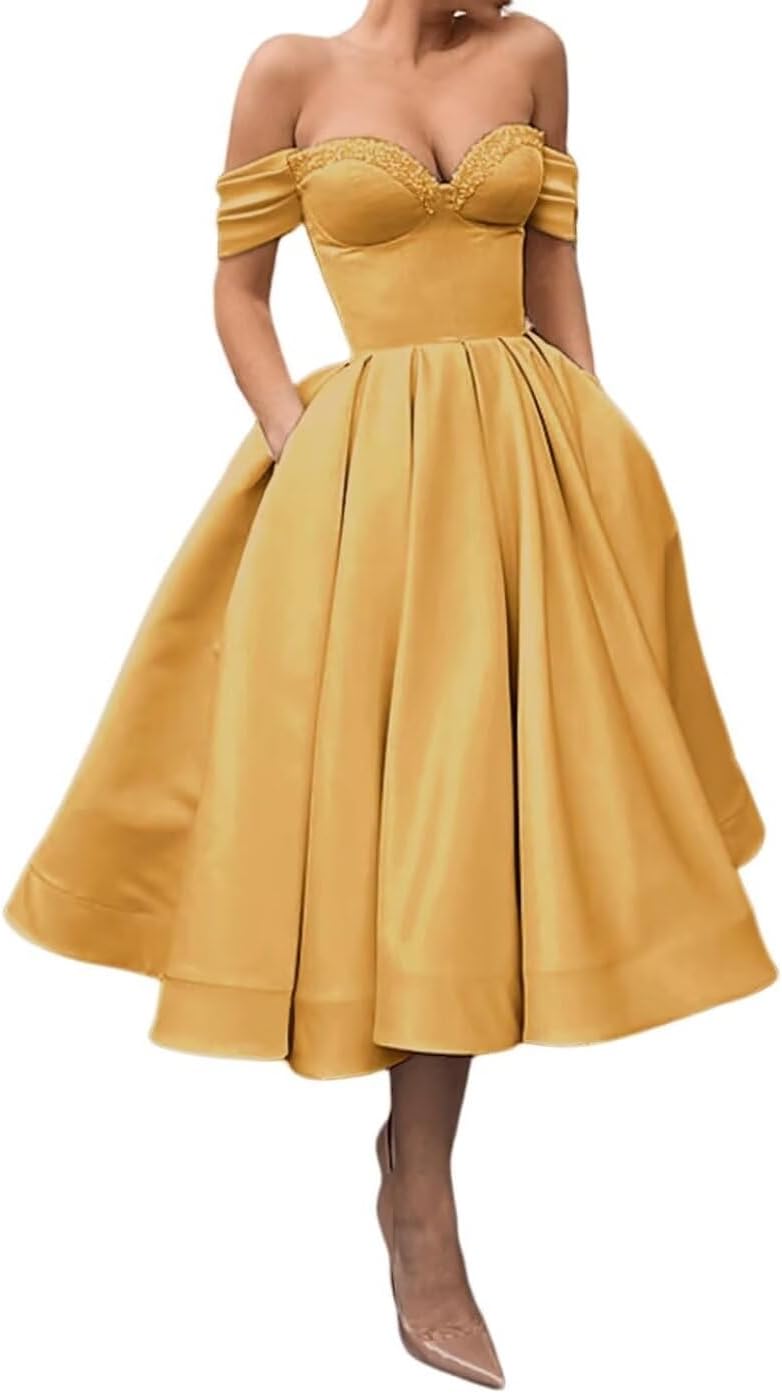 A Line Off Shoulder Prom Dresses for Women Satin Tea Length Cocktail Party Dresses with Pockets