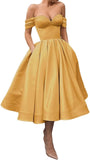 A Line Off Shoulder Prom Dresses for Women Satin Tea Length Cocktail Party Dresses with Pockets