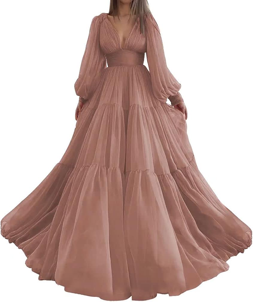 Langes Ballkleid mit Puffärmeln, Tüll, Ballkleid für Damen, Brautkleider, V-Ausschnitt, formelle Abendkleider