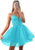 Glitter Tulle Homecoming Dresses for Teens Spaghetti V Neck Short Prom Dresses A Line Mini Cocktail Party Gowns