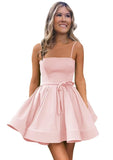 Women’s Short Satin Spaghetti Straps Formal Homecoming Dresses A Line Corset Puffy Prom Gown with Pockets for Teens