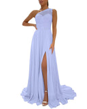One Shoulder Chiffon Bridesmaid Dresses for Wedding 2026 Lace A-Line Slit Formal Evening Party Gown with Pockets