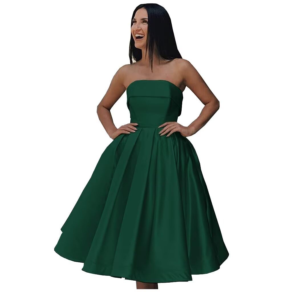 Tea Length Satin Cocktail Party Dresses for Women, Strapless Formal Evening Prom Gown Homecoming Graduation Dresses