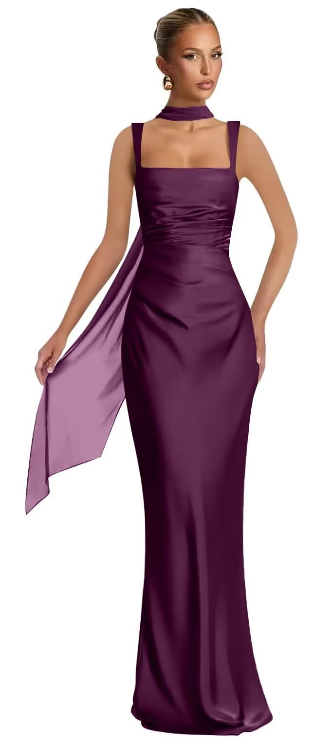 Mermaid Bridesmaid Dresses with Scarf 2027 Long Satin Spaghetti Straps Ruched Formal Evening Party Dress for Women