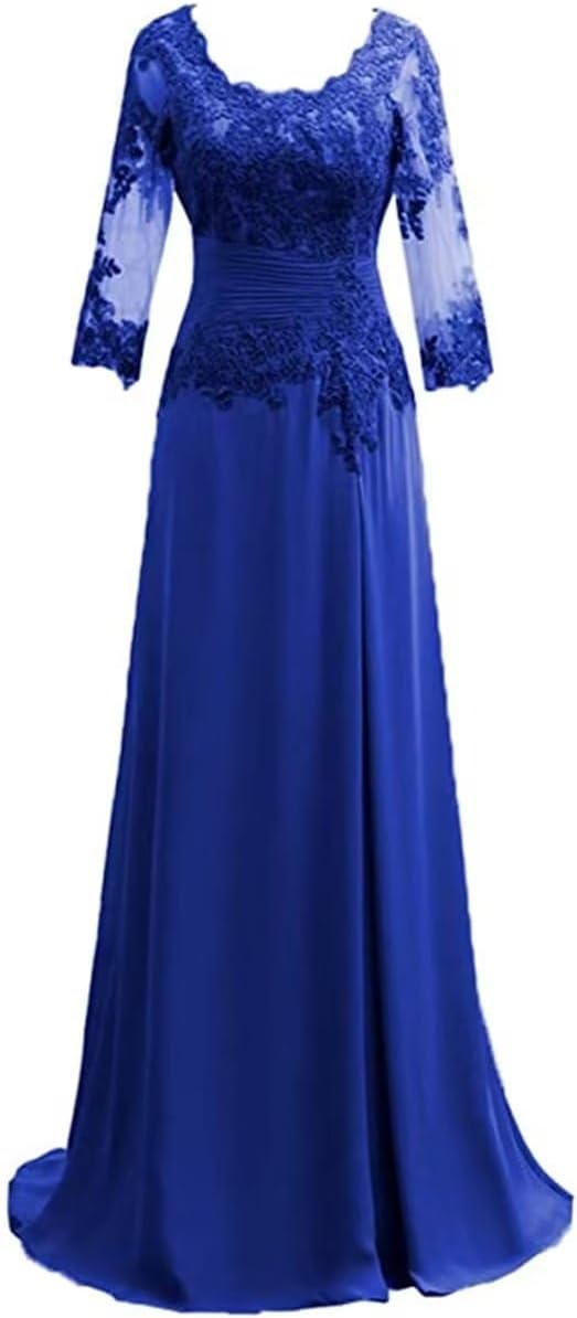 Women's Lace Appliqued Mother of The Bride Dresses 3/4 Sleeves Scoop Long Formal Evening Dress