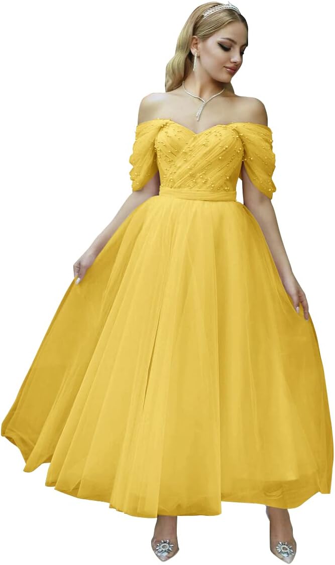 Tulle Tea Length Prom Dresses for Women Off The Shoulder Ball Gowns Teens Sweetheart Beaded Puffy Princess Dress