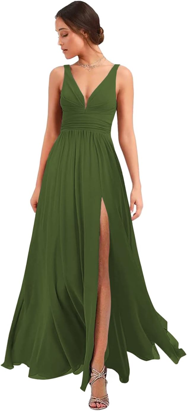 Women's Deep V Neck Bridesmaid Dresses with Slit Chiffon Pleats A Line Formal Party Dresses with Pockets