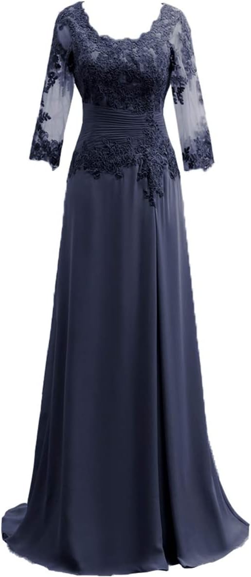 Women's Lace Appliqued Mother of The Bride Dresses 3/4 Sleeves Scoop Long Formal Evening Dress