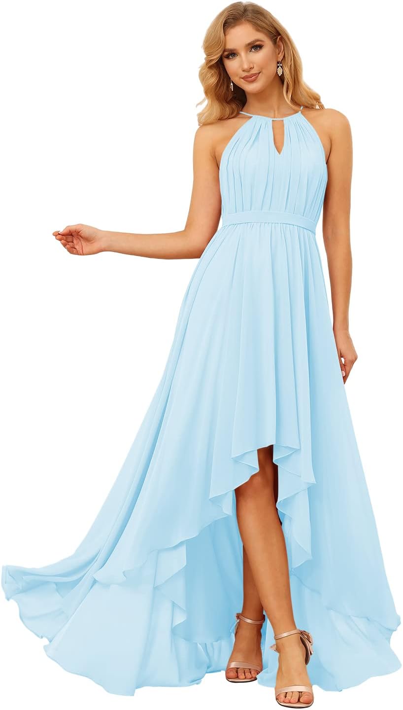 Damen Neckholder Brautjungfernkleider Lang mit Taschen High-Low Falten Formelles Kleid für Hochzeit 