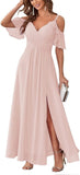 Women's Cold Shoulder Bridesmaid Dresses Long Summer Side Slit Chiffon Formal Evening Gown with Pockets