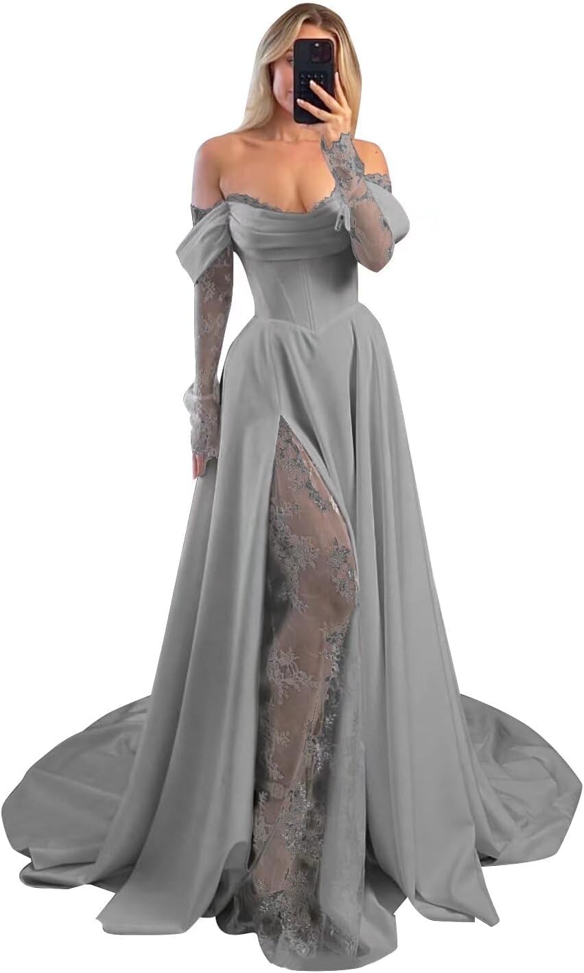 Off Shoulder Satin Wedding Dresses Lace Long Sleeve Prom Dresses Corset A-Line Ball Gowns with Slit