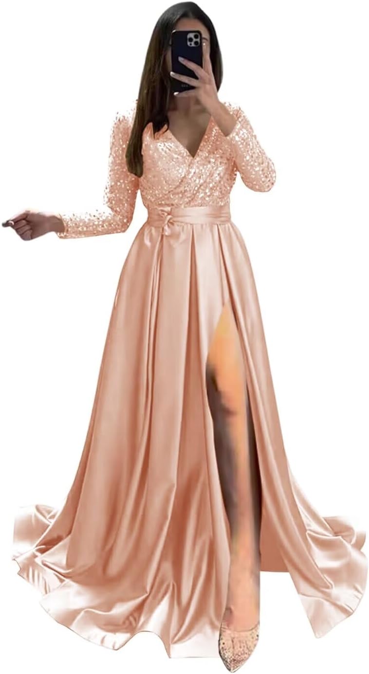 Long Sleeve Sequin Prom Dresses for Women 2027 Satin Formal Dress Sparkly Slit Evening Party Gown with Pocket