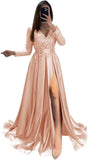 Long Sleeve Sequin Prom Dresses for Women 2027 Satin Formal Dress Sparkly Slit Evening Party Gown with Pocket