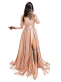 Long Sleeve Sequin Prom Dresses for Women 2027 Satin Formal Dress Sparkly Slit Evening Party Gown with Pocket