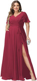 Plus Size Bridesmaid Dresses with Pockets V Neck Chiffon Flutter Sleeves Formal Evening Gowns with Slit