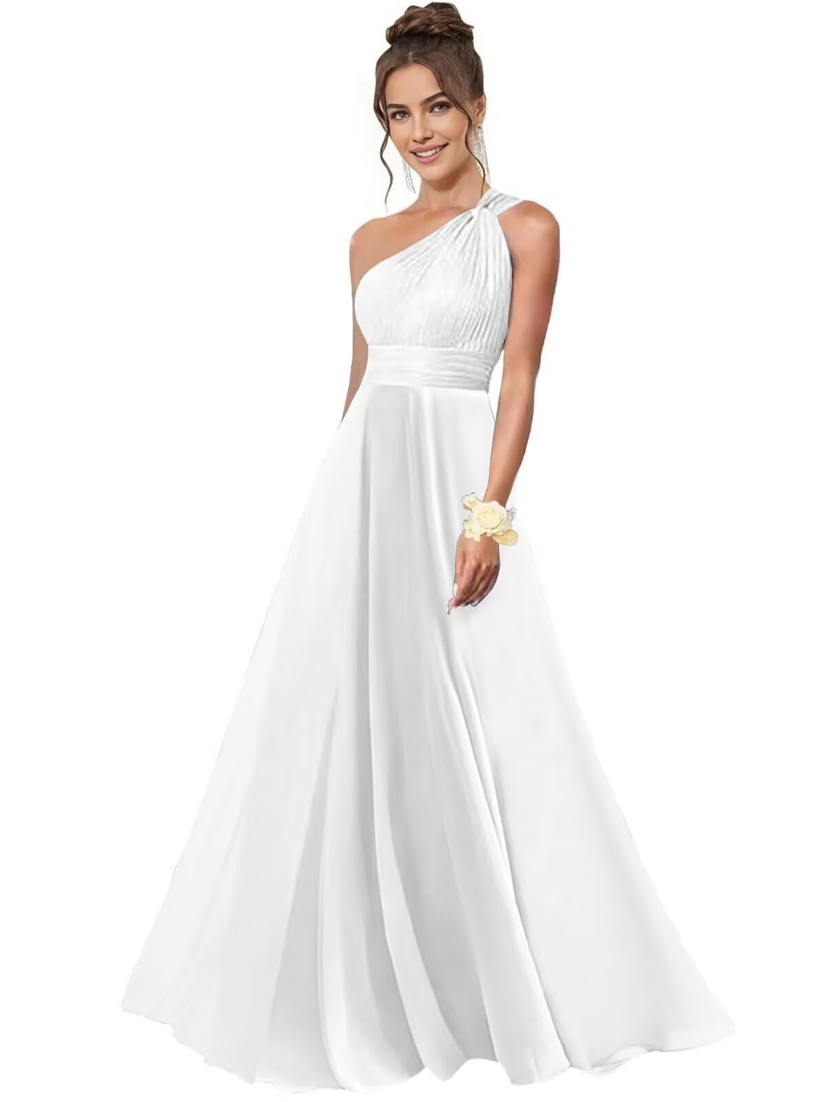 One Shoulder Bridesmaid Dresses for Women Chiffon A Line Pleated Long Formal Gowns with Pockets