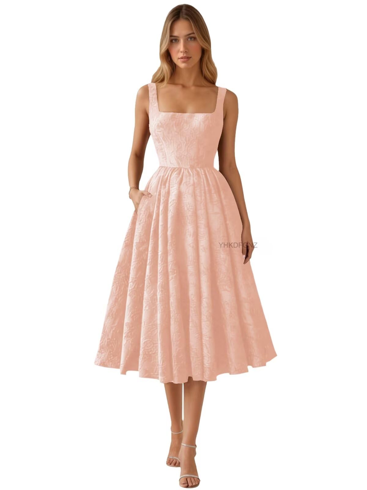 Floral Jacquard Satin Prom Dresses for Women Tea Length Formal Evening Party Dress with Pockets