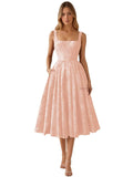 Floral Jacquard Satin Prom Dresses for Women Tea Length Formal Evening Party Dress with Pockets