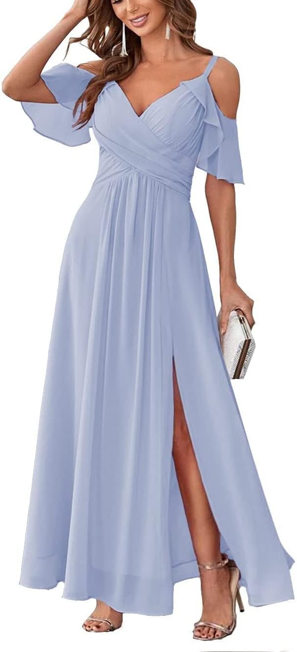 Women's Cold Shoulder Bridesmaid Dresses Long Summer Side Slit Chiffon Formal Evening Gown with Pockets