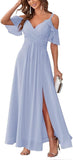 Women's Cold Shoulder Bridesmaid Dresses Long Summer Side Slit Chiffon Formal Evening Gown with Pockets