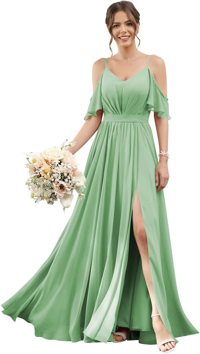 Women's Cold Shoulder Ruffle Sleeves Bridesmaid Dresses for Women 2025 Pleated Chiffon Formal Dresses with Slit
