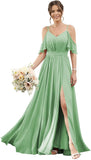 Women's Cold Shoulder Ruffle Sleeves Bridesmaid Dresses for Women 2025 Pleated Chiffon Formal Dresses with Slit