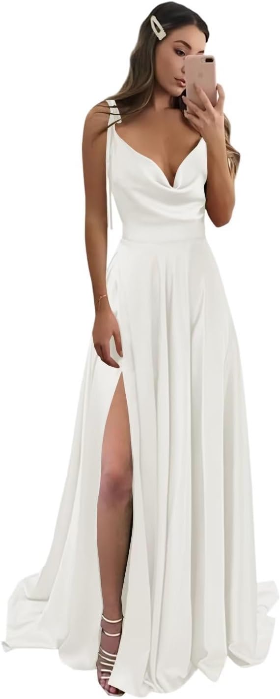 Vestidos de fiesta largos de satén con abertura alta para mujer, 2024, tirantes finos ajustables, vestidos de fiesta formales con bolsillos 