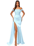 Off Shoulder Sequin Prom Dresses for Women 2027 Long Mermaid Tight Satin Formal Evening Party Dress with Slit