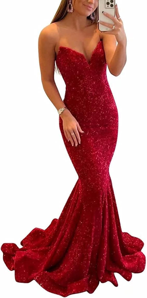 Women's Strapless Sequin Prom Dresses with Train Criss-Cross Mermaid Long Formal Evening Gowns