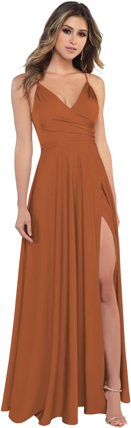 Damen-Brautjungfernkleider aus Satin mit V-Ausschnitt und Schlitz, Spaghettiträgern, formelle Ballkleider mit Taschen 