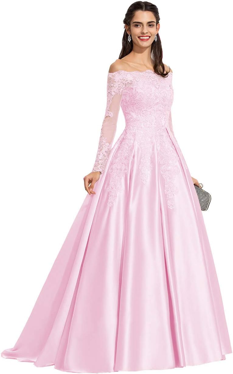 Vestidos de fiesta formales de satén con apliques de encaje y hombros descubiertos para mujer, con mangas largas