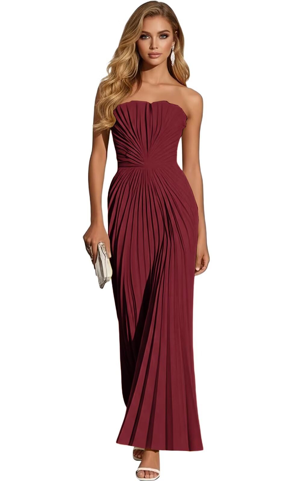 Women's Strapless Pleated Bridesmaid Dress Elegant Sweetheart Neck Formal Prom Gown for Wedding Guest