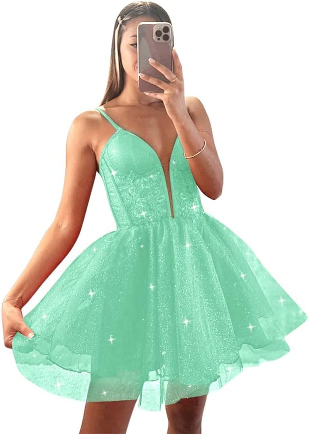 Glitter Tulle Homecoming Dresses for Teens Spaghetti V Neck Short Prom Dresses A Line Mini Cocktail Party Gowns