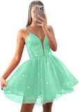 Glitter Tulle Homecoming Dresses for Teens Spaghetti V Neck Short Prom Dresses A Line Mini Cocktail Party Gowns