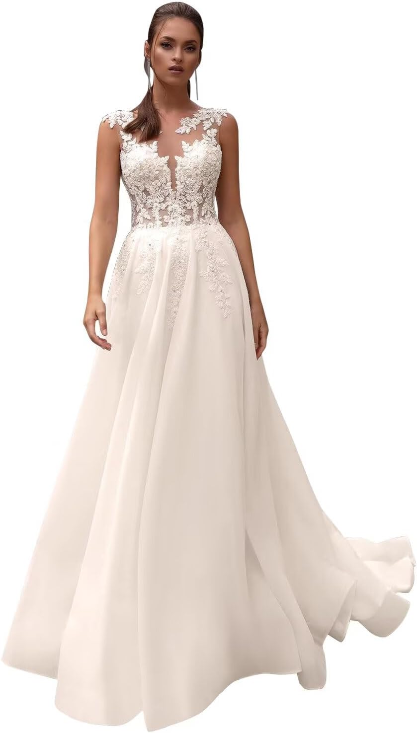 Kingbridal Gowns Lace Appliques Wedding Dresses for Bride Long V Neck Tulle Chiffon A-line Sleeveless Bridal Ball Gown for Women