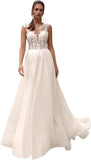 Kingbridal Gowns Lace Appliques Wedding Dresses for Bride Long V Neck Tulle Chiffon A-line Sleeveless Bridal Ball Gown for Women