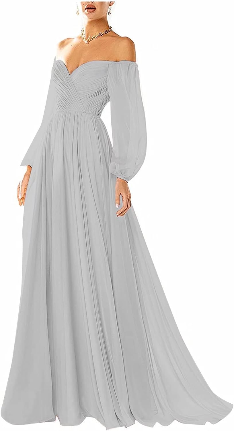 Vestido de fiesta con hombros descubiertos, manga larga, estilo formal, plisado, corte A, para mujer