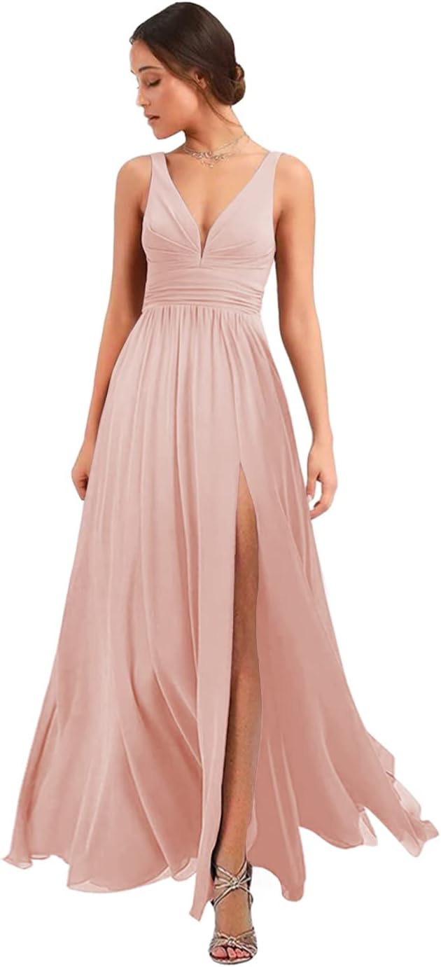 Women's Deep V Neck Bridesmaid Dresses with Slit Chiffon Pleats A Line Formal Party Dresses with Pockets