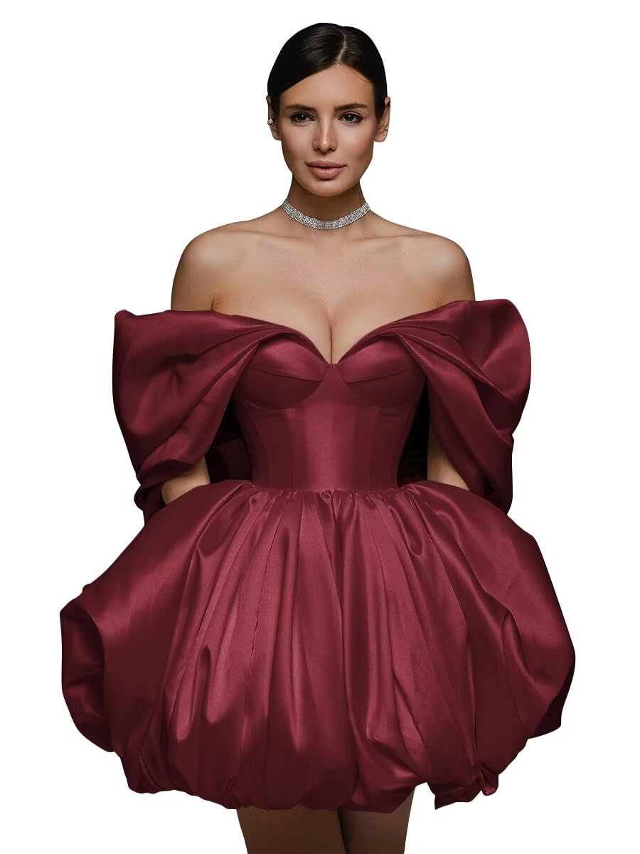 Off The Shoulder Short Wedding Dresses for Bride Puffy Satin Bridal Dresses w/Pockets Strapless Formal Ball Gowns