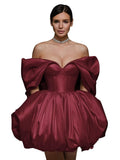 Off The Shoulder Short Wedding Dresses for Bride Puffy Satin Bridal Dresses w/Pockets Strapless Formal Ball Gowns