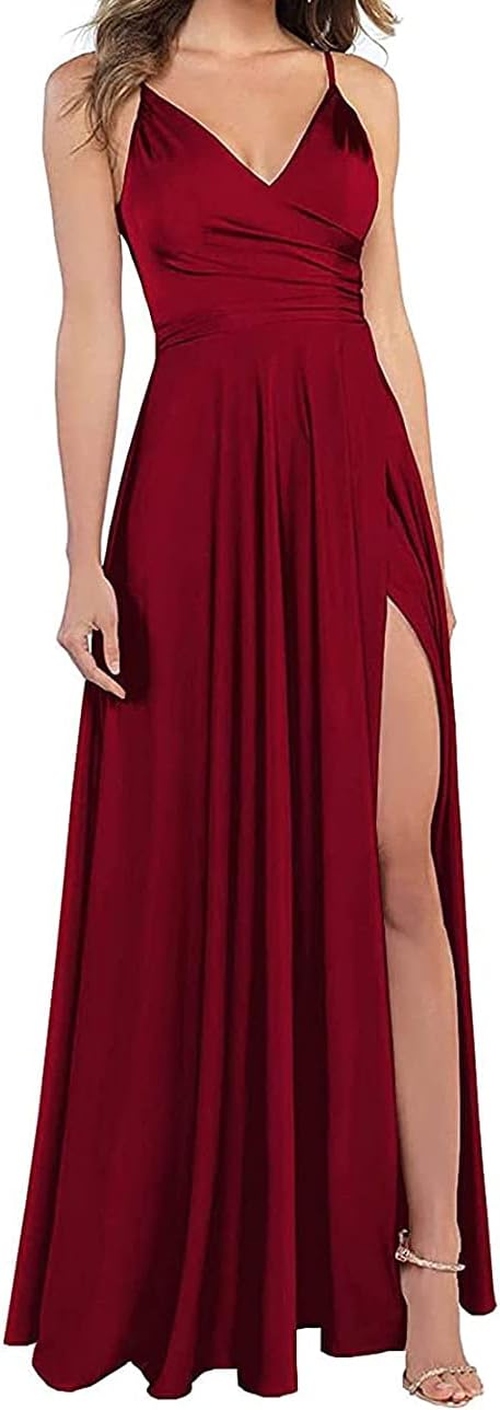Lange Brautjungfernkleider für Frauen, formelle Satin-Spaghettiträger, Abschlussball- und Abendkleider 